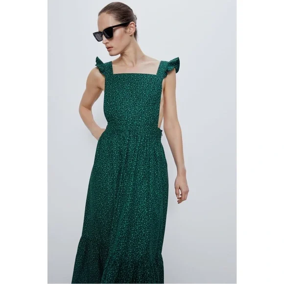 Zara Green Floral Midi Dress Ruffle Strap Square Neck Cottagecore Size S - Picture 6 of 16